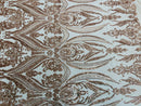 Champagne Sequins Fabric on Mesh, Damask Design 4 Way Stretch Sequin Fabric Sold By The Yard