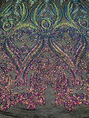 Rainbow Iridescent Sequins Fabric Damask Design 4 Way Stretch Sequin Fabric Sold By The Yard
