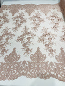 Blush Bridal Lace - By The Yard - Floral Damask Design Embroidered on Mesh Lace Fabric