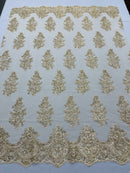 Lace Fabric - by the yard - Corded Flower Embroidery With Sequins on a Mesh Lace Fabric For Wedding