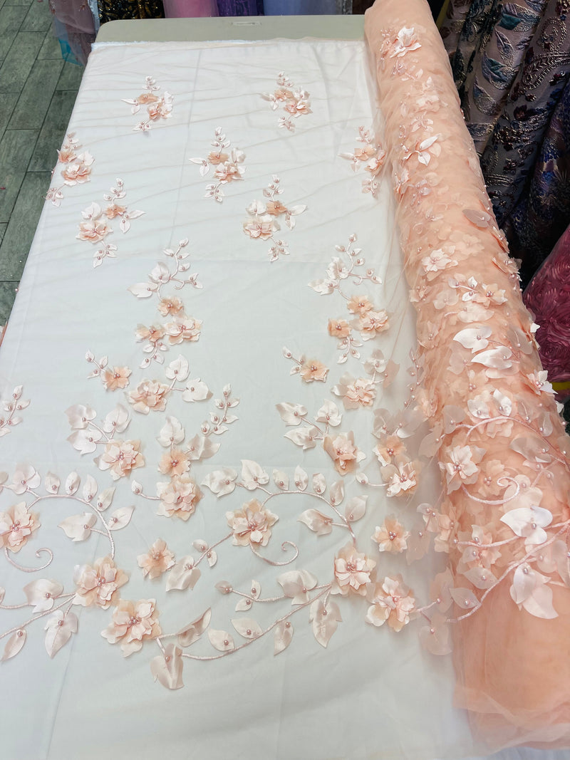 Peach 3D Floral Design Embroider and Beaded With Pearls On a Mesh Lace Fabric By The Yard