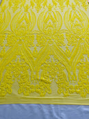 Yellow Sequins Fabric on Mesh, Damask Design 4 Way Stretch Sequin Fabric Sold By The Yard