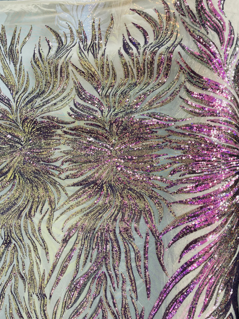 Purple Iridescent Sequin, by the yard - Nude Mesh 4 Way Stretch Sequin Fabric Spandex Mesh