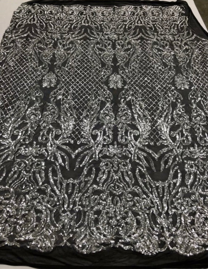 4 Way Stretch Fabric Design - Silver on Black - Fancy Net Sequins Design Fabric By Yard