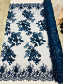 Navy 3D Floral Design Embroider and Beaded With Pearls On a Mesh Lace-Prom-Dresses By The Yard