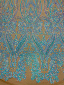 Iridescent Sequins Fabric on Mesh - by the yard - Damask Design 4 Way Stretch Sequin Fabric