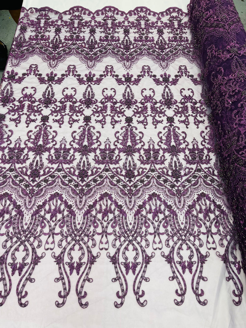 Plum Damask Design Beaded Fabric, Embroidered with Beads Wedding Bridal Sold By Yard