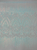 Blue/White Iridescent Sequin Fabric, by the yard - White Mesh 4 Way Stretch Aztec Design