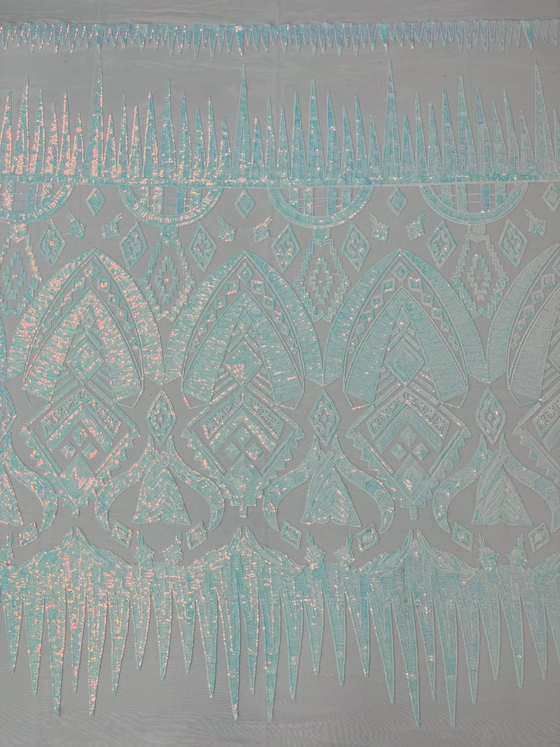 Blue/White Iridescent Sequin Fabric, by the yard - White Mesh 4 Way Stretch Aztec Design
