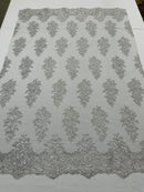 Lace Fabric - by the yard - Corded Flower Embroidery With Sequins on a Mesh Lace Fabric For Wedding