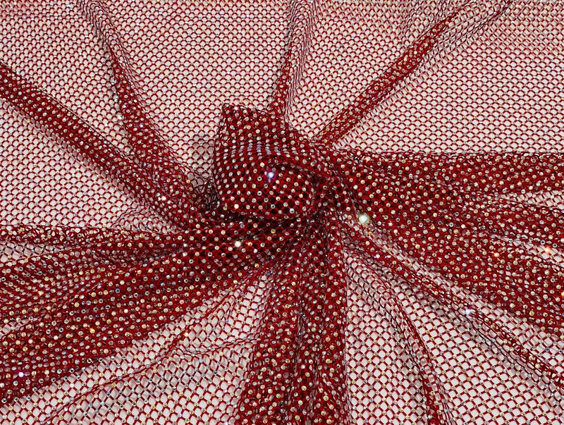 Iridescent Rhinestones Fabric On Red 4way Stretch Net Fabric,Fish Net with Crystal Stones By Yard