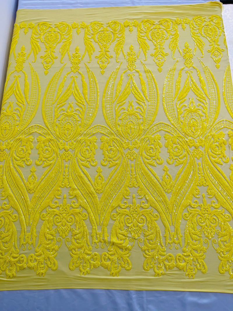 Yellow Sequins Fabric on Mesh, Damask Design 4 Way Stretch Sequin Fabric Sold By The Yard