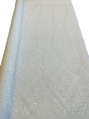 Zig Zag Lines Diamond Shape Fabric - White - Embroidered Glamorous Design on Mesh Sold By The Yard