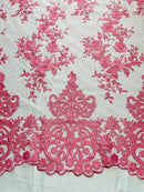 Bubble Gum Pink Floral Bridal Lace - By The Yard - Damask Design Embroidered on Mesh Lace Fabric