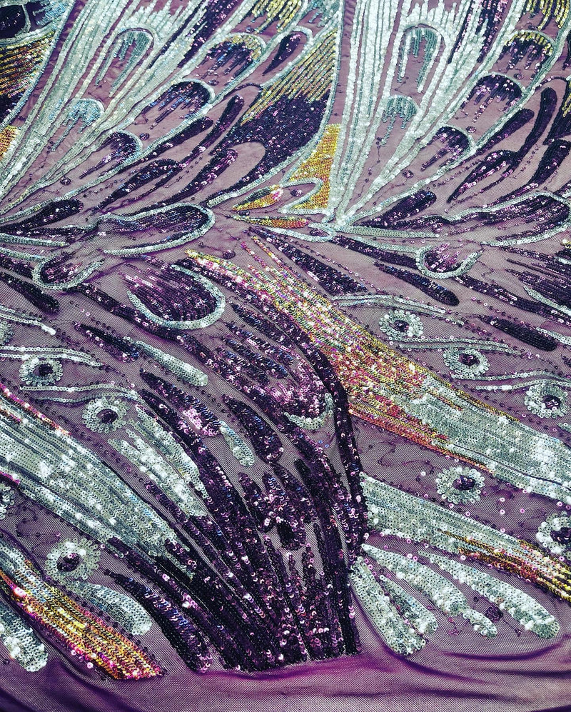 Purple Multi Color Iridescent Sequins - Damask Net Fancy Design 4 Way Stretch Fabric By Yard