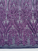 Plum Sequins Fabric on Mesh, Damask Design 4 Way Stretch Sequin Fabric Sold By The Yard