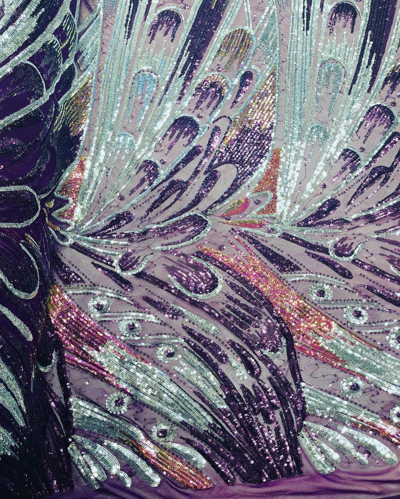 Purple Multi Color Iridescent Sequins - Damask Net Fancy Design 4 Way Stretch Fabric By Yard