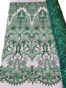 Damask Beaded Pattern Fabric - Hunter Green - Embroidered Beaded Bridal Applique Fabric Sold By The Yard