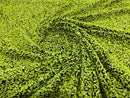 Lime Green Sequins Fabric on Black Stretch Velvet - By The Yard - all Over 5mm Sequins 58”/60