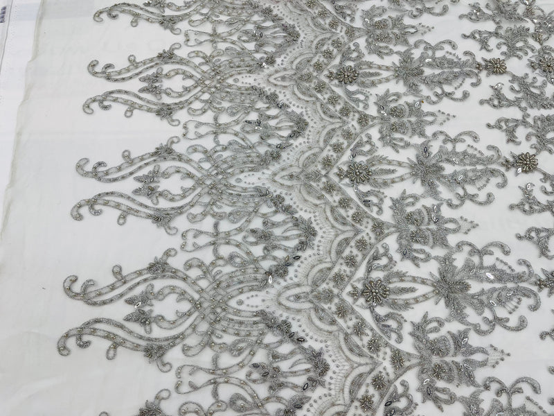 Silver Damask Design Beaded Fabric, Embroidered with Beads Wedding Bridal Sold By Yard