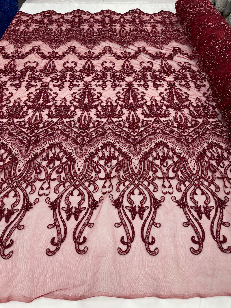 Burgundy Damask Design Beaded Fabric, Embroidered with Beads Wedding Bridal Sold By Yard