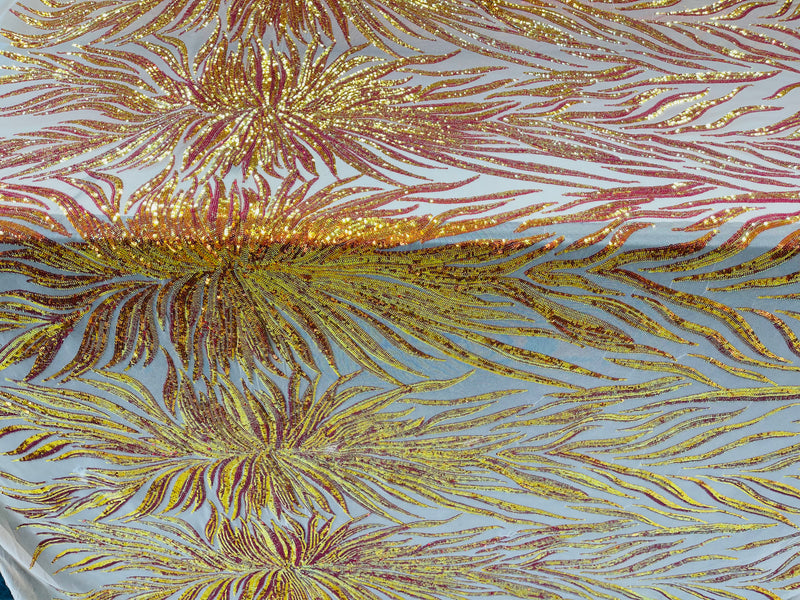 Feather Wings Sequins - Orange Iridescent on Nude - 4 Way Stretch Embroidered Wings Sequin By Yard