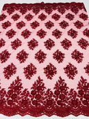 Lace Fabric - by yard - Corded Flower Embroidery With Sequins on a Mesh Lace Fabric For Wedding