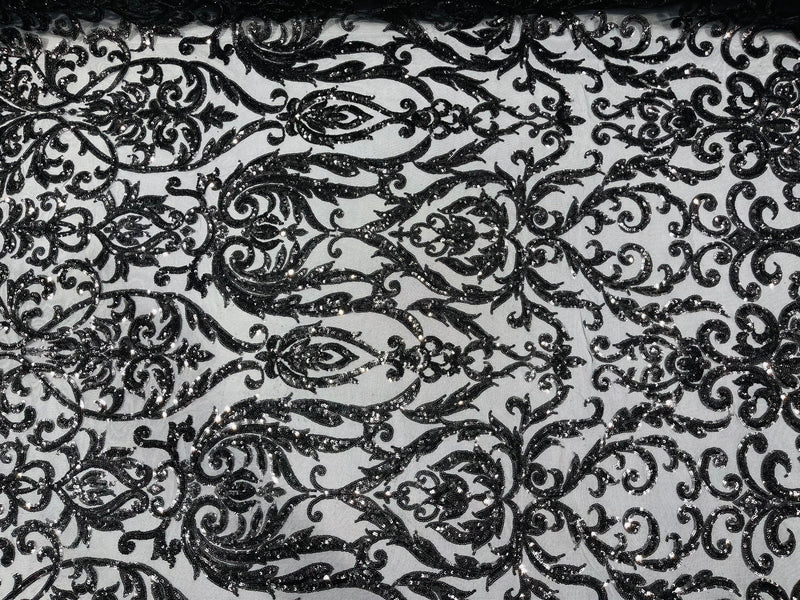 Black Sequin Fabric On a Mesh 4 Way Stretch, Sequins Fabric Damask Design By The Yard