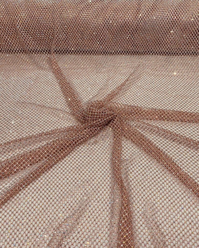 Fishnet Iridescent Rhinestones Fabric - Blush - Spandex Fabric Fish Net with Crystal Stones by Yard