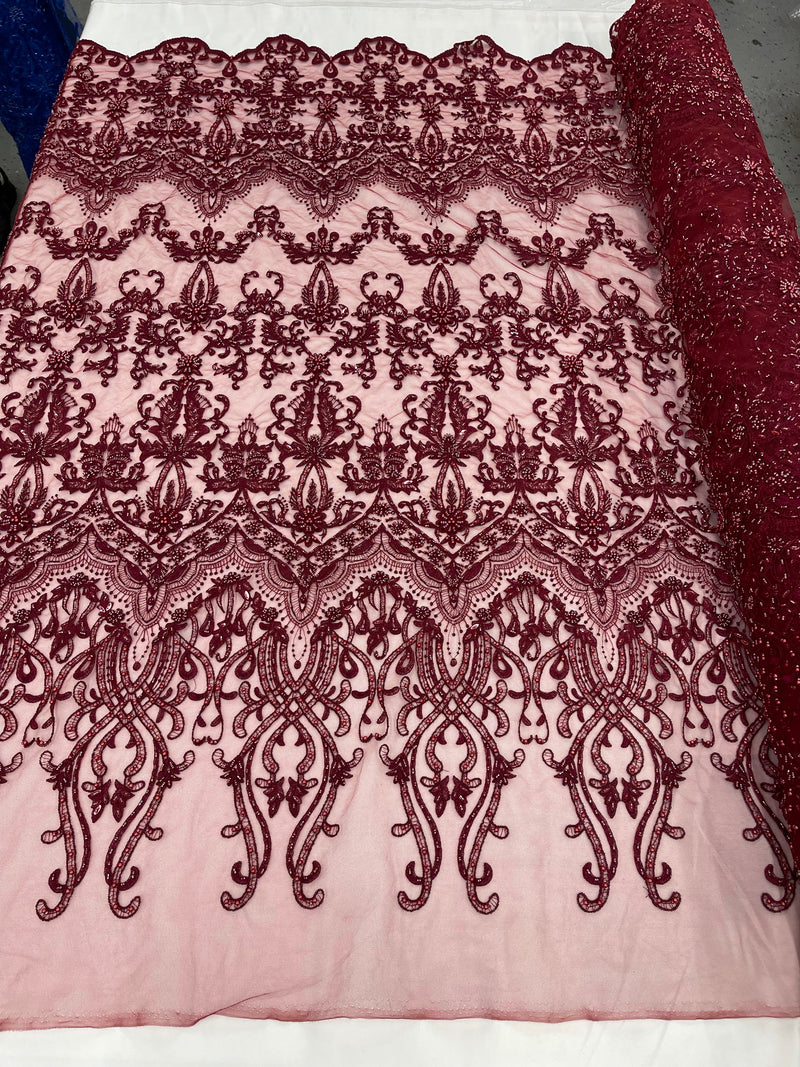 Burgundy Damask Design Beaded Fabric, Embroidered with Beads Wedding Bridal Sold By Yard
