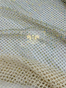 Fishnet Iridescent Rhinestones Fabric - Ivory - Spandex Fabric Fish Net with Crystal Stones by Yard
