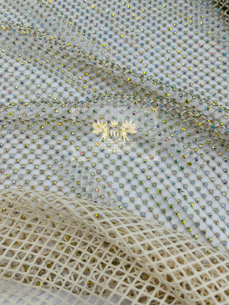 Fishnet Iridescent Rhinestones Fabric - Ivory - Spandex Fabric Fish Net with Crystal Stones by Yard