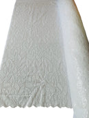 Fancy Leaf Pattern with Beads - White - Embroidered Leaves Design on Mesh Sold By The Yard