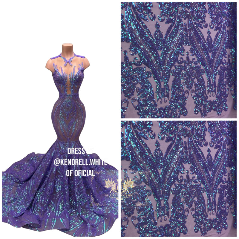 Iridescent Lilac Sequins Fabric, Damask Design 4 Way Stretch Sequin Fabric on a Spandex Mesh-Prom-Gown By The Yard