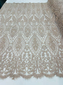 Beaded Fabric, Blush Damask Design Embroidered with Beads Wedding Bridal Sold By Yard