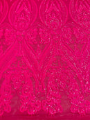 Hot Pink Sequins Fabrics on Mesh, Damask Design 4Way Stretch Sequin By The Yard