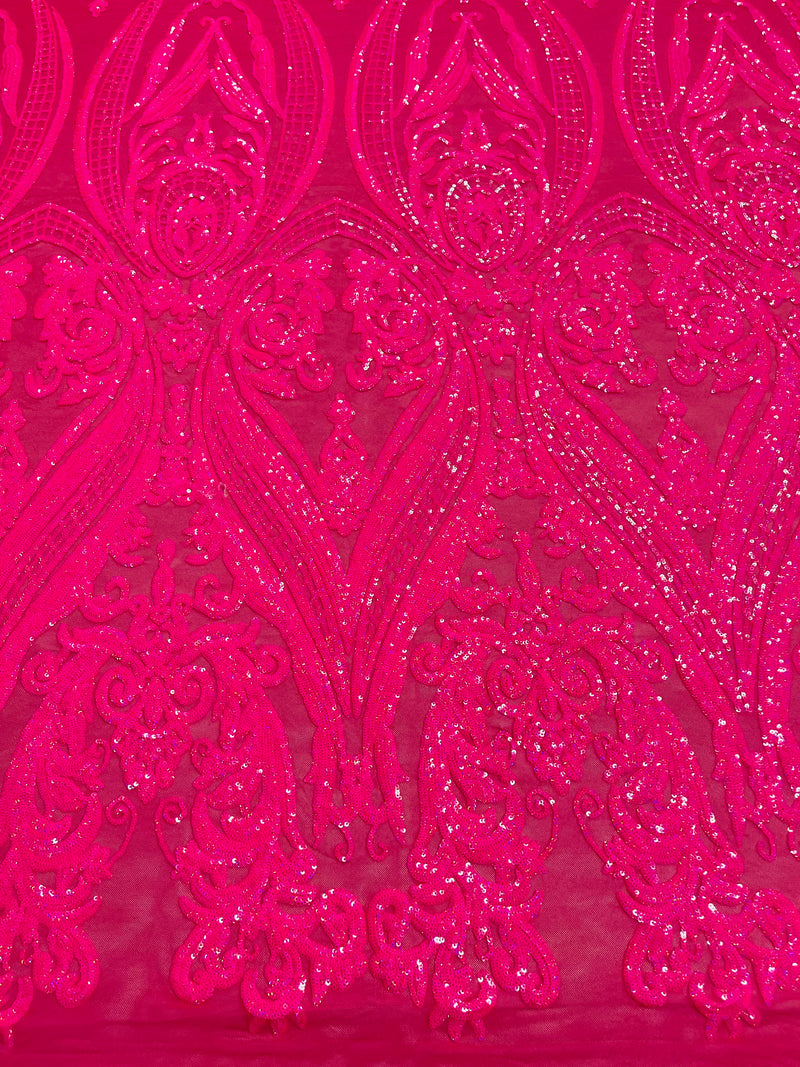 Hot Pink Sequins Fabrics on Mesh, Damask Design 4Way Stretch Sequin By The Yard