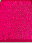 Hot Pink Sequins Fabrics on Mesh, Damask Design 4Way Stretch Sequin By The Yard