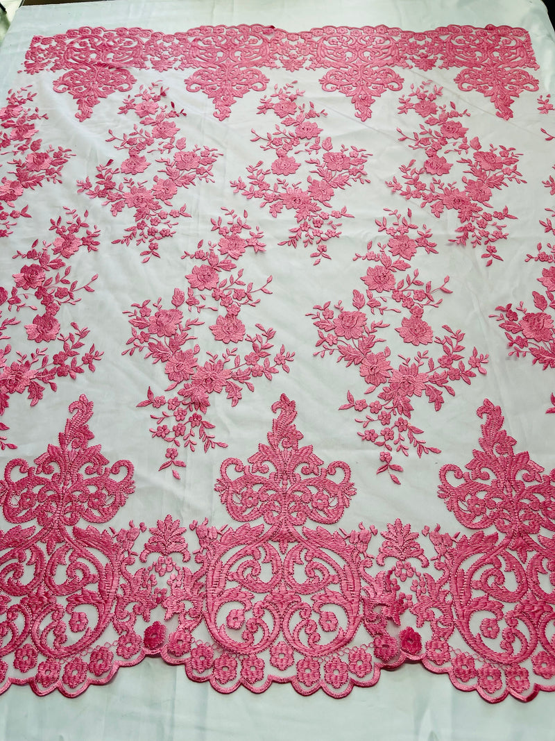 Bubble Gum Pink Floral Bridal Lace - By The Yard - Damask Design Embroidered on Mesh Lace Fabric