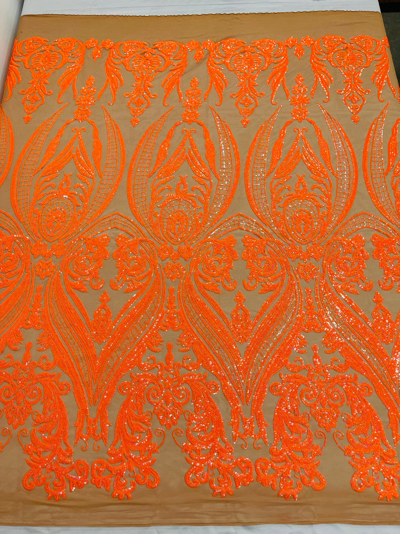 Damask Royalty Design - Orange on DK Nude Mesh - 4 Way Stretch Sequins Fabrics By The Yard