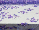 Lilac 3D Floral Design Embroider and Beaded With Pearls On a Mesh Lace Fabric By The Yard