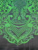 Neón Green Sequin Fabric on Black Mesh By The Yard Damask Design 4 Way Stretch Lace Sequin