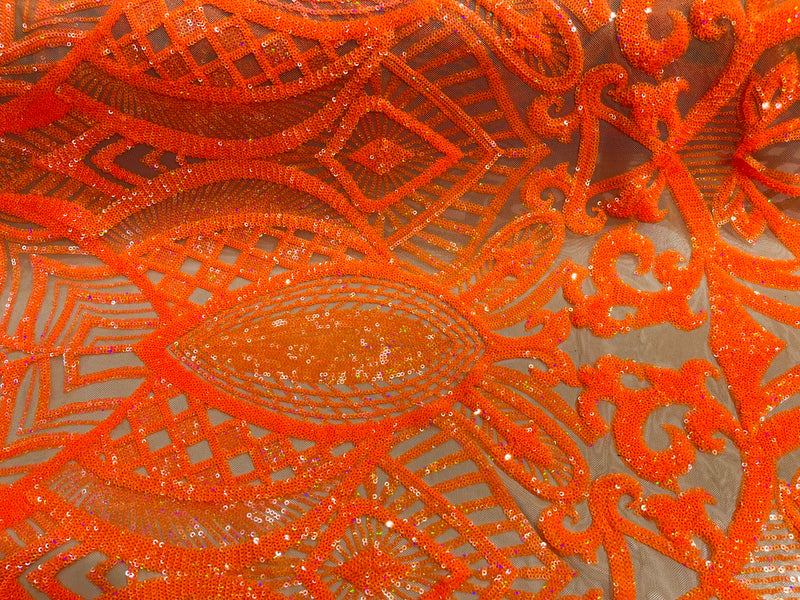 Orange Sequin Fabric On Nude Mesh  4 Way Stretch Royalty Lace Sequin By Yard