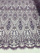 Beaded Fabric, Lt Lilac Damask Design Embroidered with Beads Wedding Bridal Sold By Yard