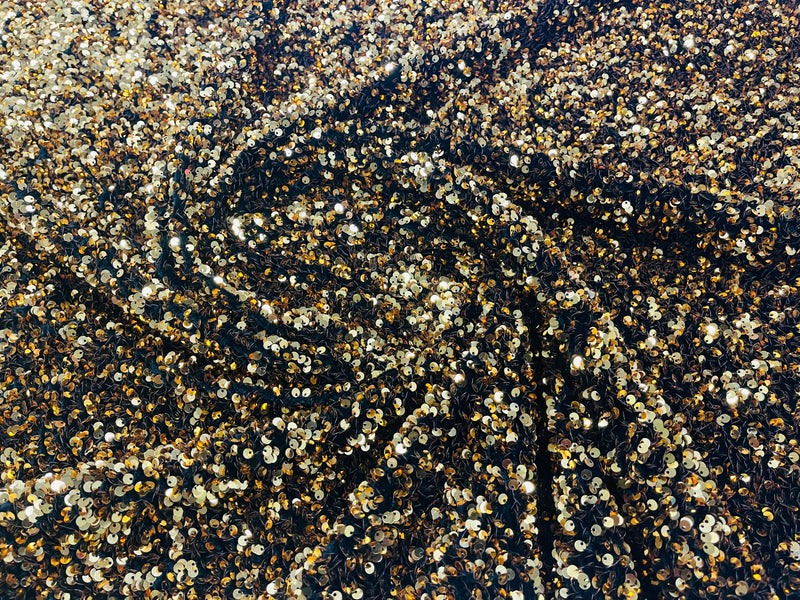 Gold Sequins Fabric on Black Stretch Velvet - By The Yard - all Over 5mm Sequins 58”/60
