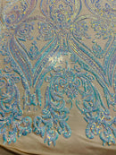 Aqua Iridescent Sequins Fabric on Light Nude Mesh - by the yard - Damask Design 4 Way Stretch Sequin Fabric
