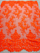 Neón Orange Floral Bridal Lace - By The Yard - Damask Design Embroidered on Mesh Lace Fabric