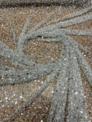 Beaded Sequins Mesh Fabric - Silver - Embroidered Beaded Wedding Bridal Fabric with Sequins By The Yard