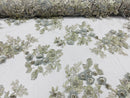 Silver 3D Floral Design Embroider and Beaded With Pearls On a Mesh Lace-Prom-Dresses By The Yard