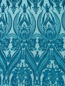Turquoise Sequins Fabric on Mesh, Damask Design 4Way Stretch Sequin By The Yard